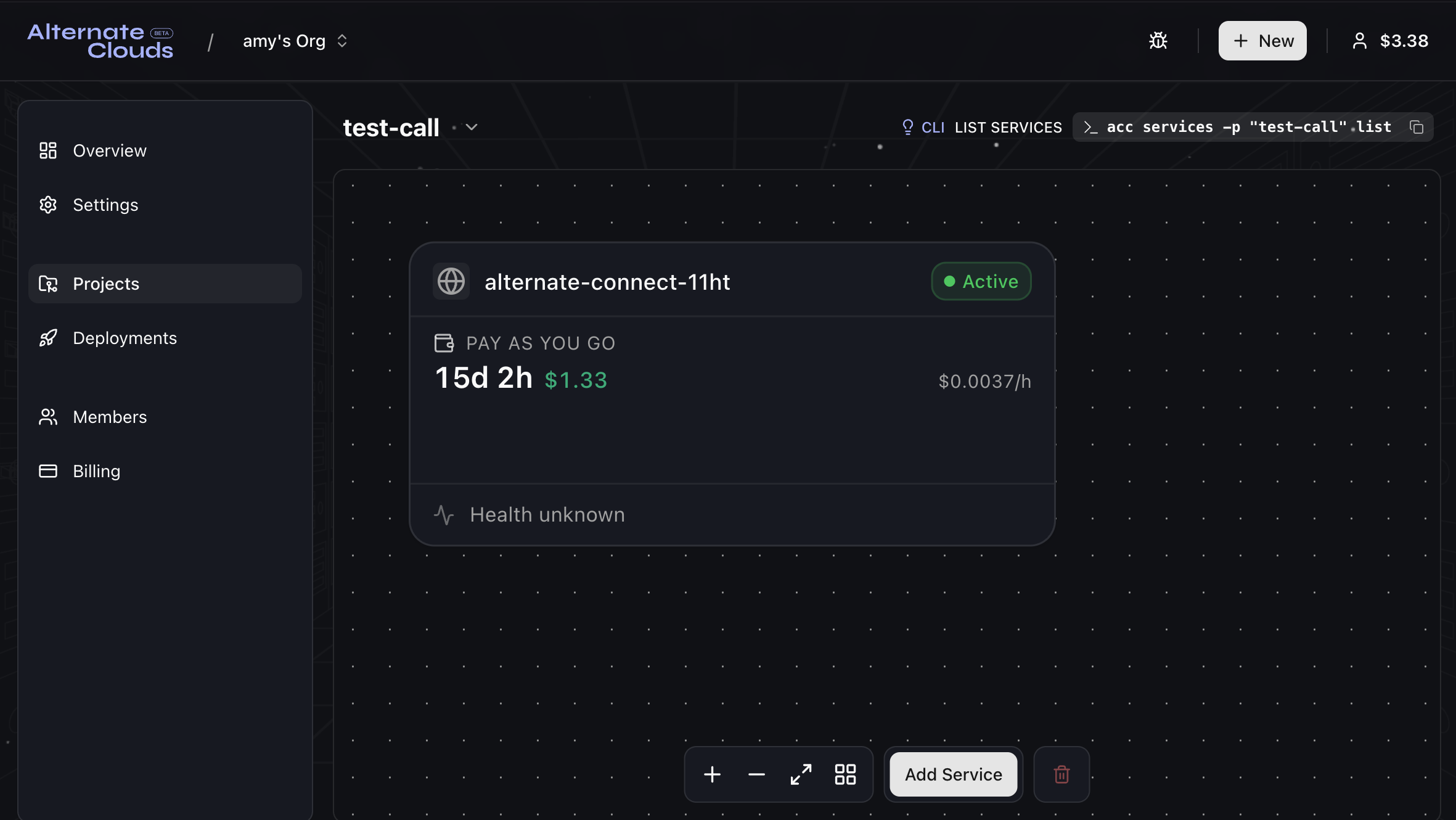Alternate Clouds dashboard showing a live deployment with pay-as-you-go pricing